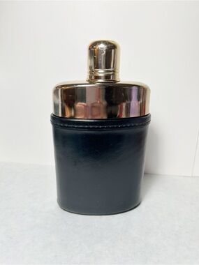 Highland Cowhide Black Leather Wrapped Gold Hip Flask, Vintage Style